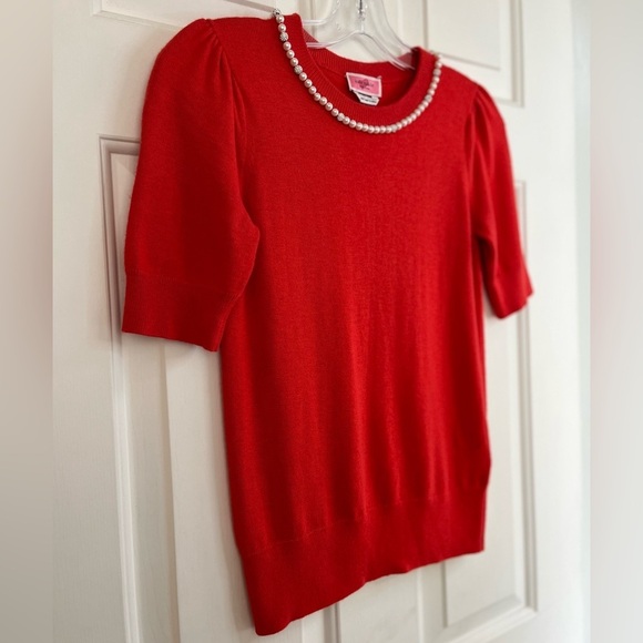 🥤 Kate Spade Pearl Pave Red Wool Blend Short Sleeve Sweater Size XXS - Picture 6 of 14